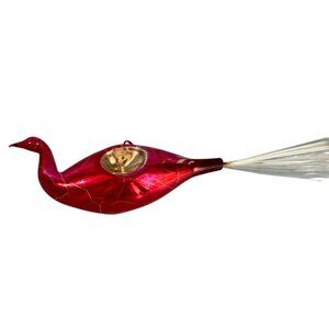 Antique Lauscha Glass Bird Ornament Red Reflector Spun Glass Tail 1930s–40s Germ
